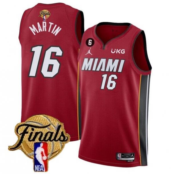 Men Miami Heat #16 Caleb Martin Red 2023 Finals Statement Edition With NO.6 Patch Stitched Basketball Jersey