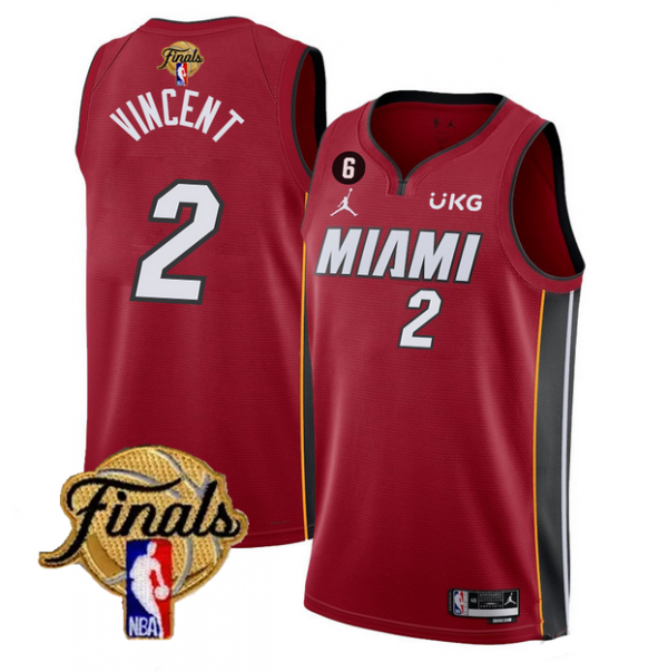 Men Miami Heat #2 Gabe Vincent Red 2023 Finals Statement Edition With NO.6 Patch Stitched Basketball Jersey
