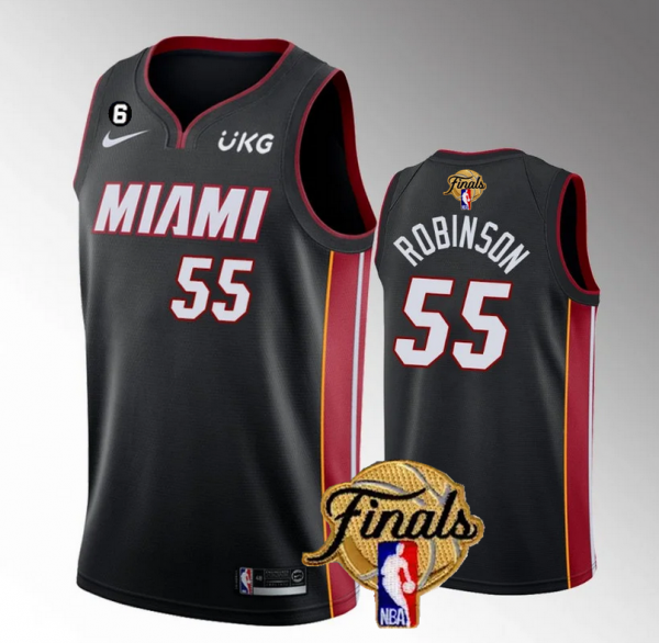 Men Miami Heat #55 Duncan Robinson Black 2023 Finals Icon Edition With NO.6 Patch Stitched Basketball Jersey