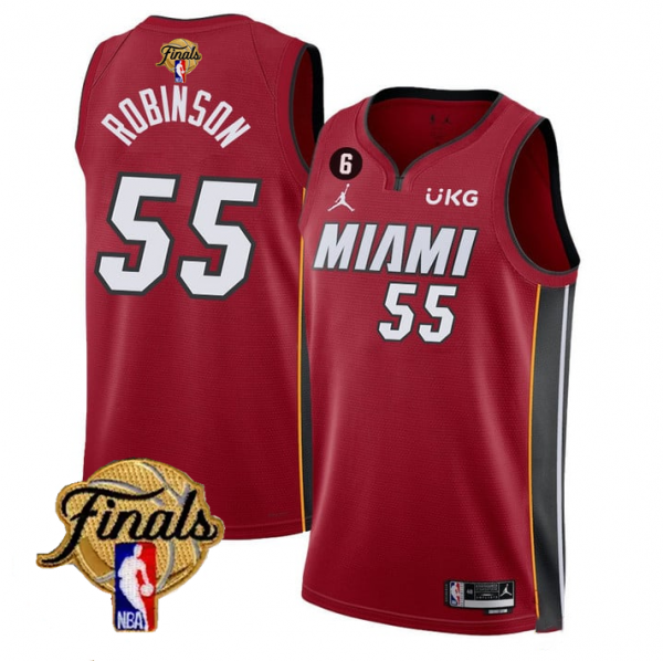 Men Miami Heat #55 Duncan Robinson Red 2023 Finals Statement Edition With NO.6 Patch Stitched Basketball Jersey