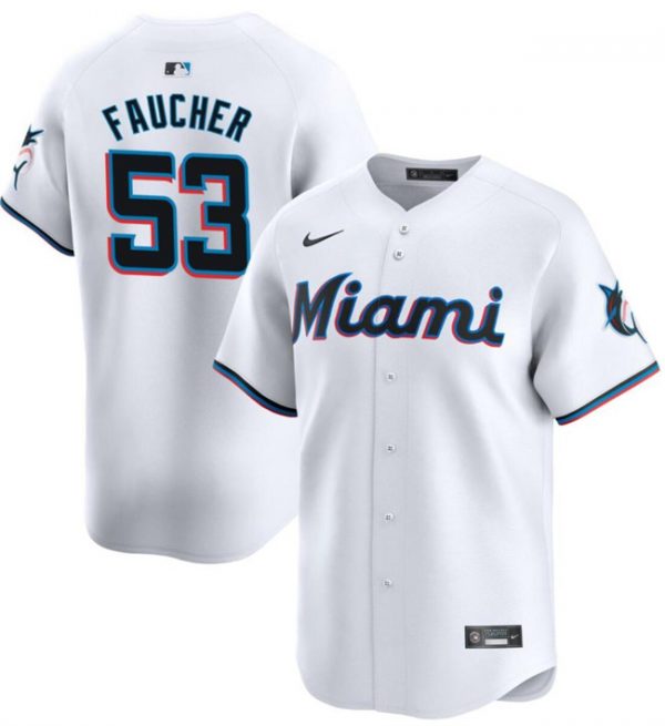 Men Miami Marlins #53 Calvin Faucher White Home Limited Stitched Baseball Jersey