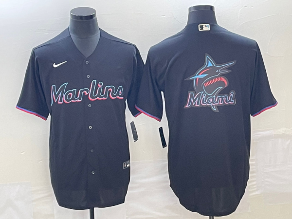 Men Miami Marlins Black Team Big Logo Cool Base Stitched Baseball Jersey