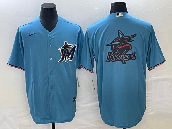 Men Miami Marlins Blue Team Big Logo Cool Base Stitched Baseball Jersey
