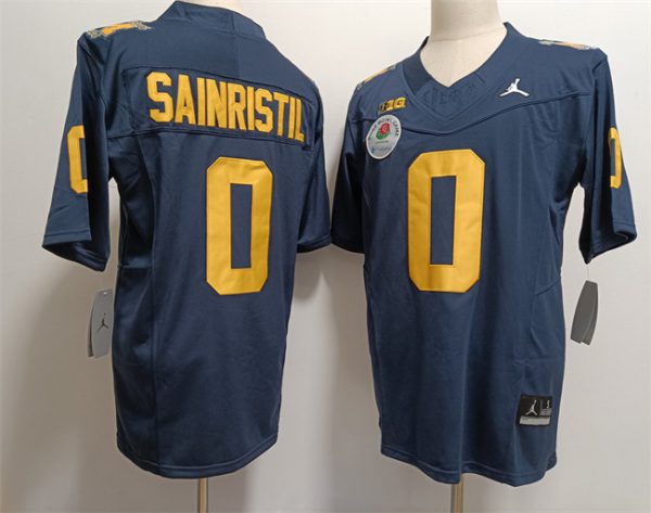Men Michigan Wolverines #0 Mike Sainristil 2023 F.U.S.E. Navy Rose Bowl Patch Stitched Jersey