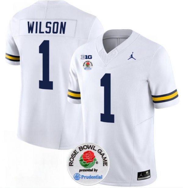 Men Michigan Wolverines #1 Roman Wilson 2023 F.U.S.E. White Rose Bowl Patch Stitched Jersey