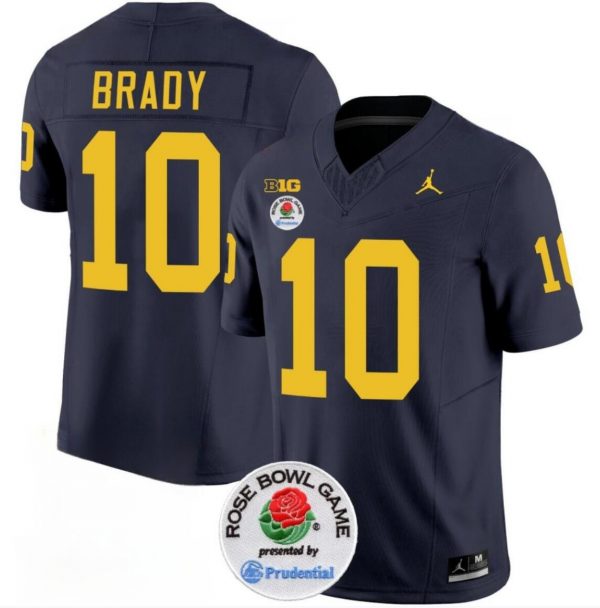 Men Michigan Wolverines #10 Tom Brady 2023 F.U.S.E. Navy Blue Rose Bowl Patch Stitched Jersey