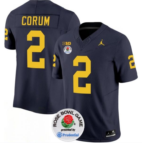 Men Michigan Wolverines #2 Blake Corum 2023 F.U.S.E. Navy Blue Rose Bowl Patch Stitched Jersey