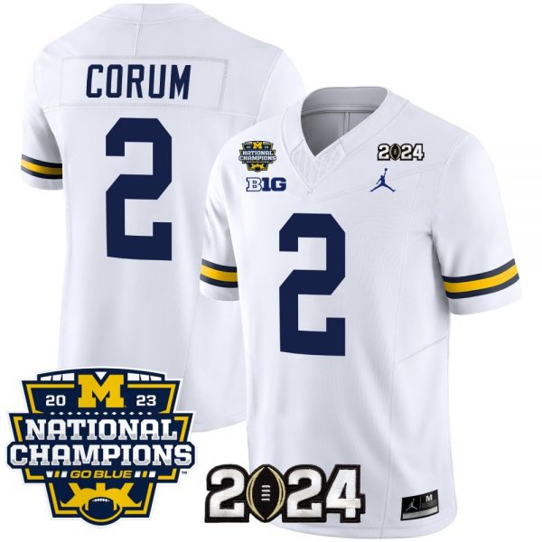 Men Michigan Wolverines #2 Blake Corum White 2024 F.U.S.E. With 2023 National Champions Patch Stitched Jersey