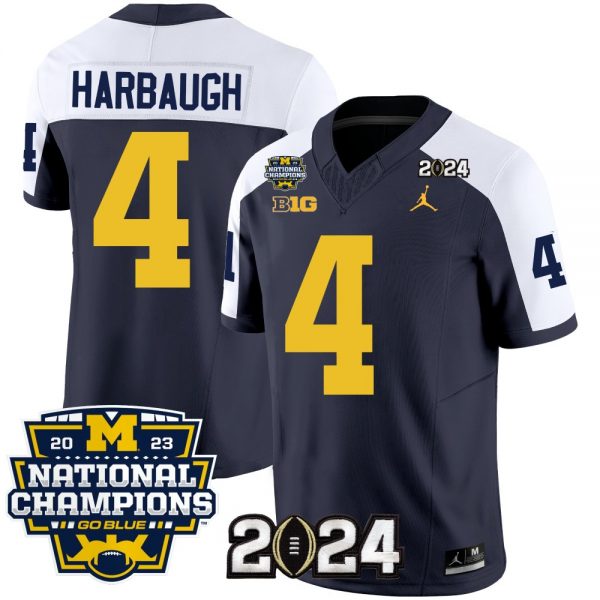 Men Michigan Wolverines #4 Jim Harbaugh Navy/White 2024 F.U.S.E. With 2023 National Champions Patch Stitched Jersey