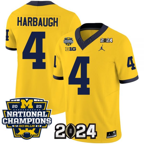 Men Michigan Wolverines #4 Jim Harbaugh Yellow 2024 F.U.S.E. With 2023 National Champions Patch Stitched Jersey