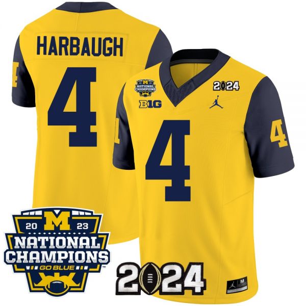 Men Michigan Wolverines #4 Jim Harbaugh Yellow/Navy 2024 F.U.S.E. With 2023 National Champions Patch Stitched Jersey