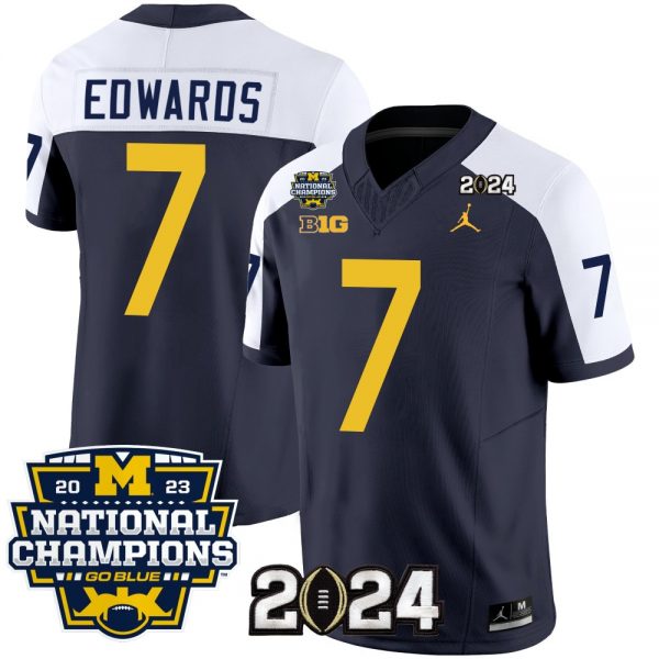 Men Michigan Wolverines #7 Donovan Edwards Navy/White 2024 F.U.S.E. With 2023 National Champions Patch Stitched Jersey