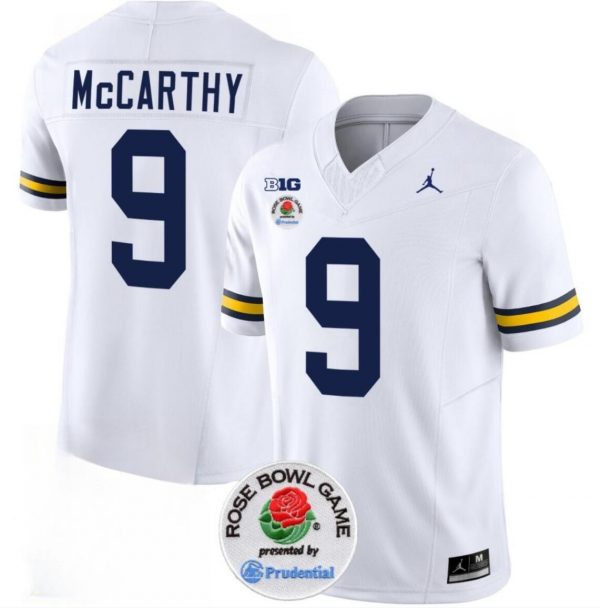 Men Michigan Wolverines #9 J.J. McCarthy 2023 F.U.S.E. White Rose Bowl Patch Stitched Jersey