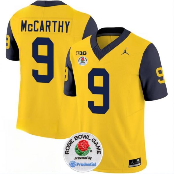 Men Michigan Wolverines #9 J.J. McCarthy 2023 F.U.S.E. Yellow/Navy Rose Bowl Patch Stitched Jersey