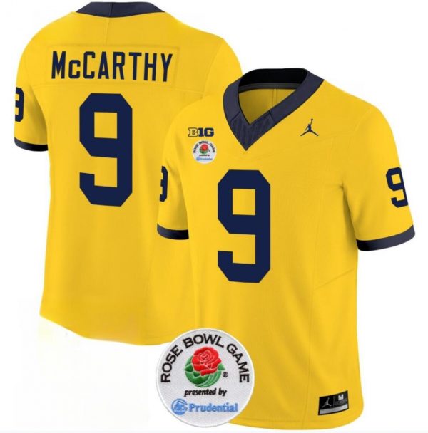 Men Michigan Wolverines #9 J.J. McCarthy 2023 F.U.S.E. Yellow Rose Bowl Patch Stitched Jersey