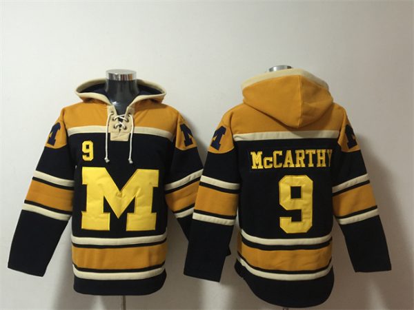 Men Michigan Wolverines #9 J.J. McCarthy Black/Yellow Ageless Must-Have Lace-Up Pullover Hoodie