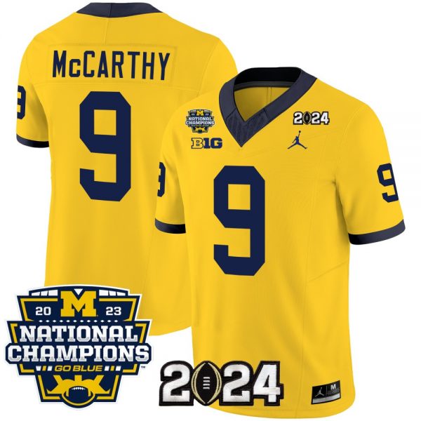 Men Michigan Wolverines #9 J.J. McCarthy Yellow 2024 F.U.S.E. With 2023 National Champions Patch Stitched Jersey