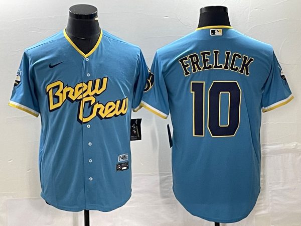 Men Milwaukee Brewers #10 Sal Frelick 2022 Powder Blue City Connect Cool Base Stitched Jersey