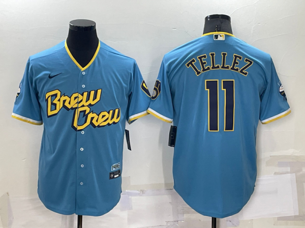 Men Milwaukee Brewers #11 Rowdy Tellez 2022 Powder Blue City Connect Cool Base Stitched Jersey