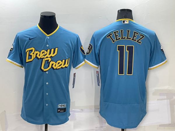 Men Milwaukee Brewers #11 Rowdy Tellez 2022 Powder Blue City Connect Flex Base Stitched Jersey
