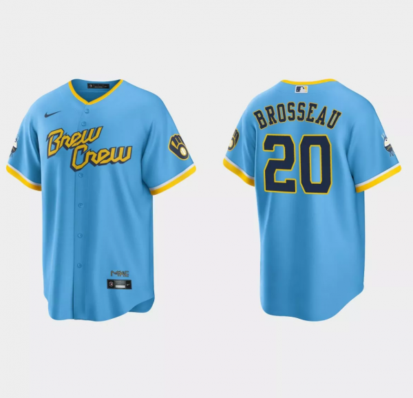 Men Milwaukee Brewers #20 Mike Brosseau Powder Blue 2022 City Connect Cool Base Stitched Jersey