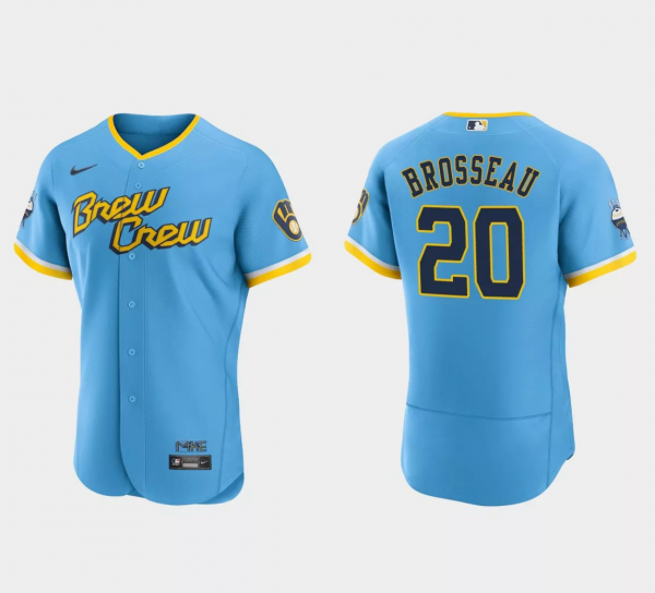 Men Milwaukee Brewers #20 Mike Brosseau Powder Blue 2022 City Connect Flex Base Stitched Baseball Jersey