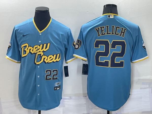 Men Milwaukee Brewers #22 Christian Yelich 2022 Powder Blue City Connect Cool Base Stitched Jersey