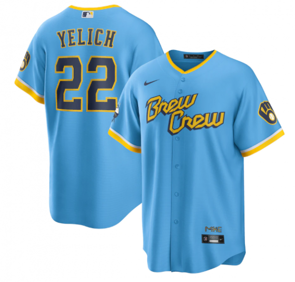 Men Milwaukee Brewers #22 Christian Yelich 2022 Powder Blue City Connect Cool Base Stitched Jersey