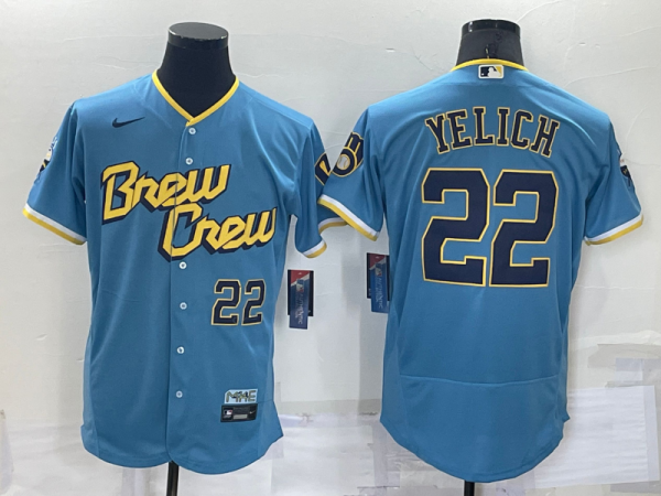 Men Milwaukee Brewers #22 Christian Yelich Powder Blue 2022 City Connect Flex Base Stitched MLB Jersey
