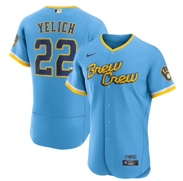 Men Milwaukee Brewers #22 Christian Yelich Powder Blue 2022 City Connect Flex Base Stitched MLB Jersey