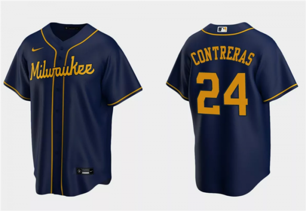 Men Milwaukee Brewers #24 William Contreras Navy Cool Base Stitched Jersey