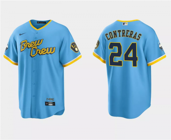 Men Milwaukee Brewers #24 William Contreras Powder Blue 2022 City Connect Cool Base Stitched Jersey
