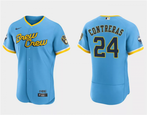 Men Milwaukee Brewers #24 William Contreras Powder Blue 2022 City Connect Flex Base Stitched Baseball Jersey