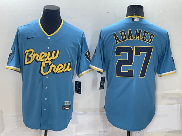 Men Milwaukee Brewers #27 Willy Adames 2022 Powder Blue City Connect Cool Base Stitched Jersey