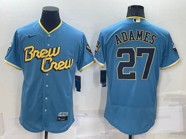Men Milwaukee Brewers #27 Willy Adames 2022 Powder Blue City Connect Flex Base Stitched Jersey