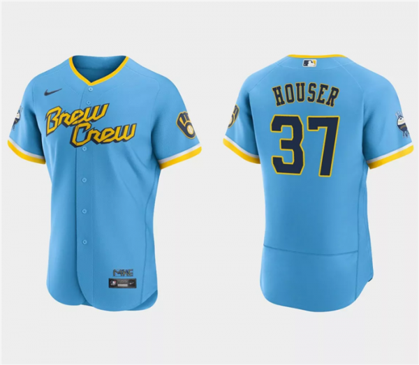 Men Milwaukee Brewers #37 Adrian Houser Powder Blue 2022 City Connect Flex Base Stitched MLB Jersey