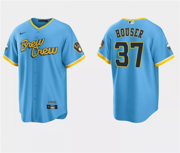 Men Milwaukee Brewers #37 Adrian Houser Powder Blue City Connect Cool Base Stitched Jersey