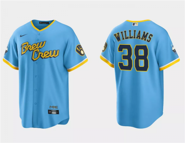 Men Milwaukee Brewers #38 Devin Williams Powder Blue 2022 City Connect Cool Base Stitched Jersey