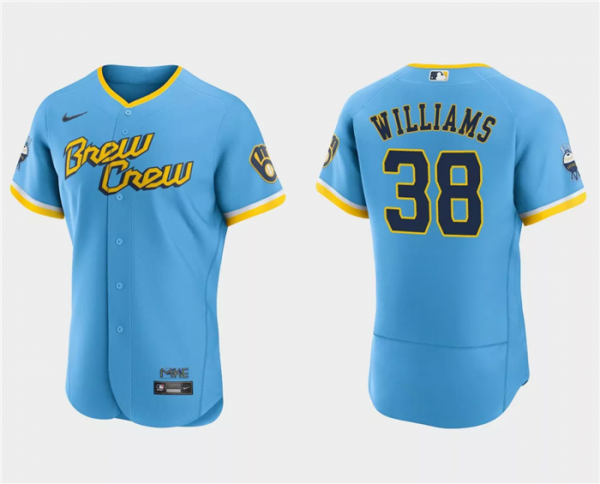 Men Milwaukee Brewers #38 Devin Williams Powder Blue 2022 City Connect Flex Base Stitched MLB Jersey