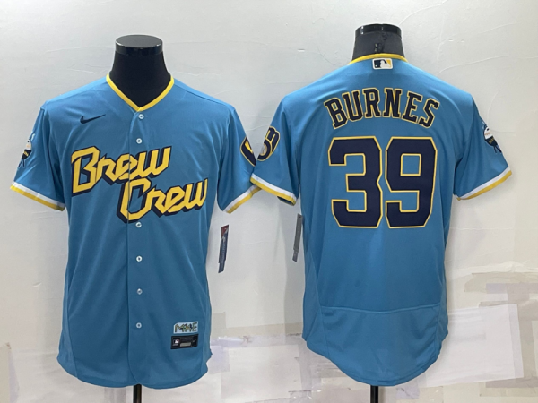 Men Milwaukee Brewers #39 Corbin Burnes 2022 Powder Blue City Connect Flex Base Stitched Jersey