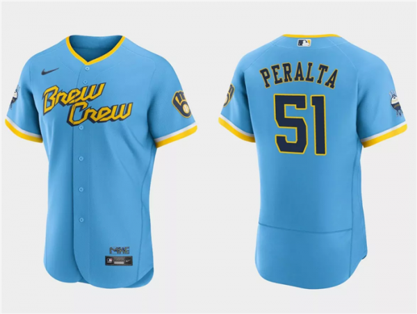 Men Milwaukee Brewers #51 Freddy Peralta Powder Blue 2022 City Connect Flex Base Stitched MLB Jersey