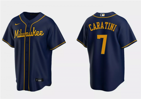Men Milwaukee Brewers #7 Victor Caratini Navy Cool Base Stitched Jersey