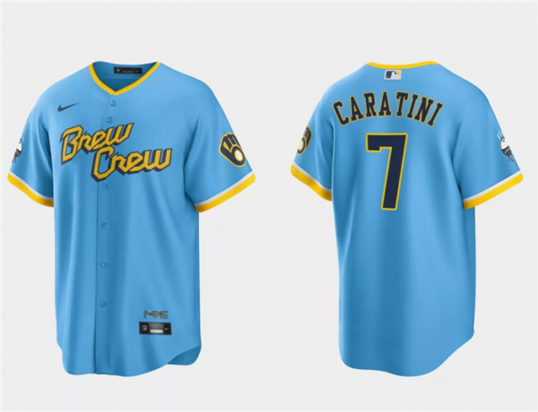 Men Milwaukee Brewers #7 Victor Caratini Powder Blue 2022 City Connect Cool Base Stitched Jersey