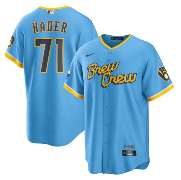Men Milwaukee Brewers #71 Josh Hader 2022 Powder Blue City Connect Cool Base Stitched Jersey