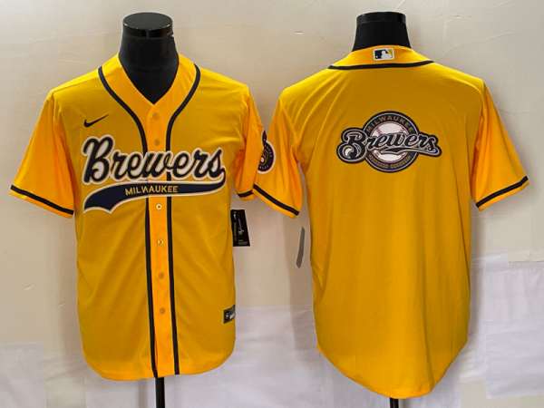 Men Milwaukee Brewers Yellow Team Big Logo Cool Base Stitched Jersey