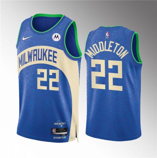 Men Milwaukee Bucks #22 Khris Middleton 2023/24 Blue City Edition Stitched Basketball Jersey