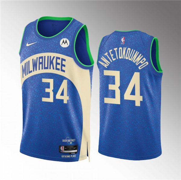 Men Milwaukee Bucks #34 Giannis Antetokounmpo 2023/24 Blue City Edition Stitched Basketball Jersey
