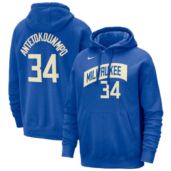 Men Milwaukee Bucks #34 Giannis Antetokounmpo Royal 2023/24 City Edition Name & Number Pullover Hoodie