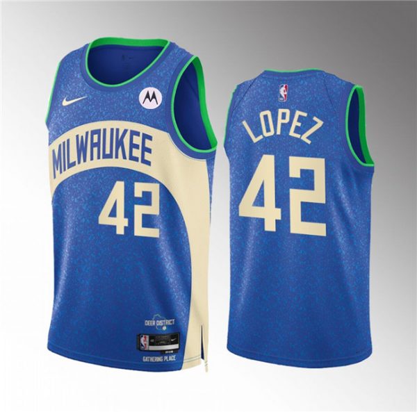 Men Milwaukee Bucks #42 Robin Lopez 2023/24 Blue City Edition Stitched Basketball Jersey