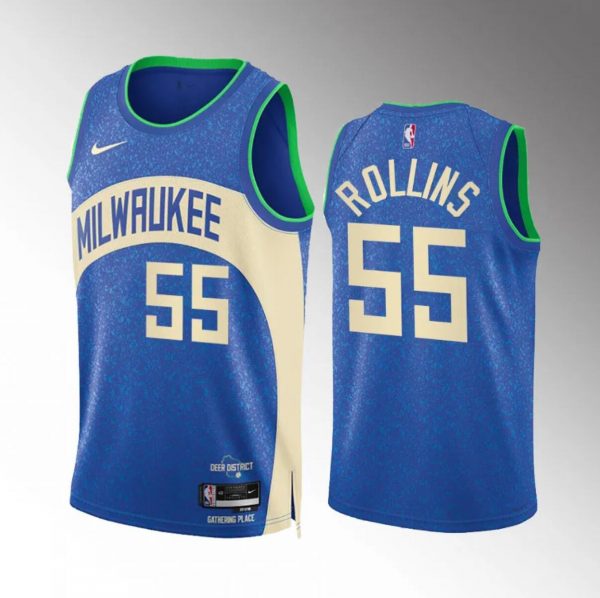 Men Milwaukee Bucks #55 Ryan Rollins 2023/24 Blue City Edition Stitched Basketball Jersey